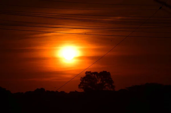 Elektriciteit Post Silhouet Zonsondergang Achtergrond — Stockfoto