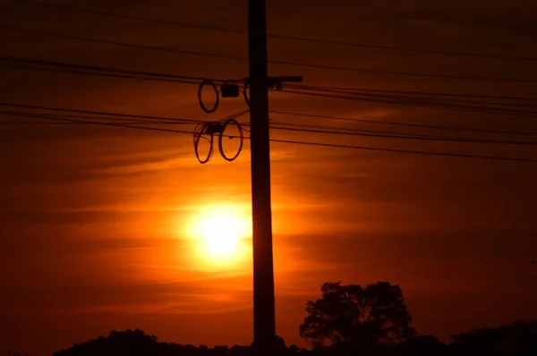 Eletricidade Post Silhueta Pôr Sol Fundo — Fotografia de Stock