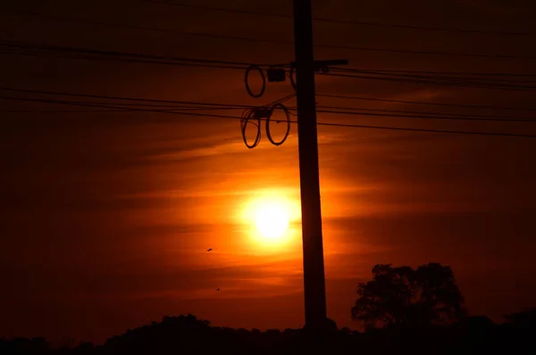 Eletricidade Post Silhueta Pôr Sol Fundo — Fotografia de Stock