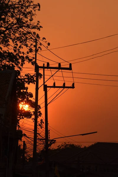 Sonnenuntergang Mit Strommasten — Stockfoto