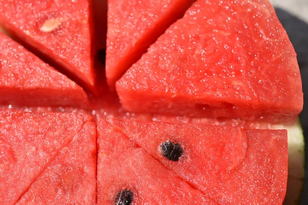 Carne Melón Rojo Cortada Secciones Con Patrones Semillas Utilizado Como — Foto de Stock