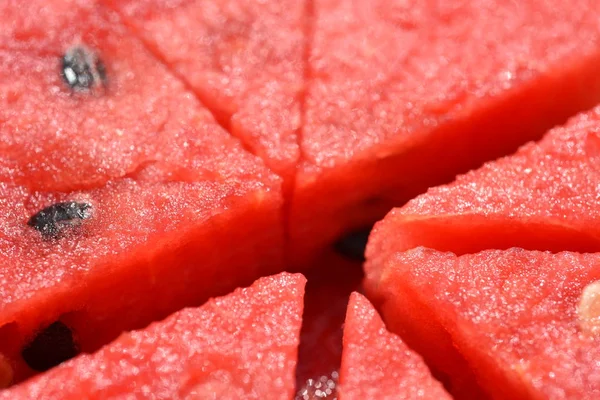 Carne Melón Rojo Cortada Secciones Con Patrones Semillas Utilizado Como — Foto de Stock