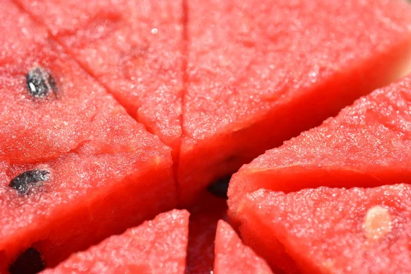 Carne Melón Rojo Cortada Secciones Con Patrones Semillas Utilizado Como — Foto de Stock