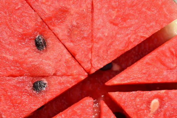 Carne Melão Vermelha Cortada Secções Com Padrões Sementes Usadas Como — Fotografia de Stock