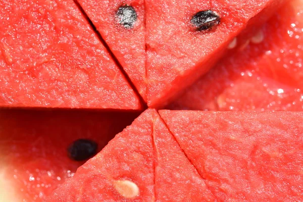 Carne Melão Vermelha Cortada Secções Com Padrões Sementes Usadas Como — Fotografia de Stock