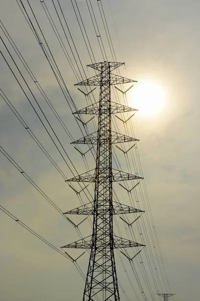 High Voltage Electrical Poles Electric Power Transmission System Sun Shining — Stock Photo, Image