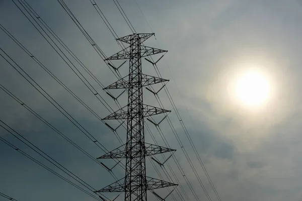 Poste Eléctrico Sistema Transmisión Alta Potencia Poste Alta Tensión Torre — Foto de Stock