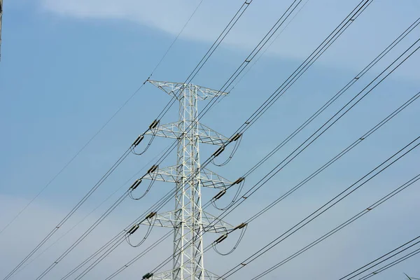 Poste Eléctrico Sistema Transmisión Alta Potencia Poste Alta Tensión Torre — Foto de Stock