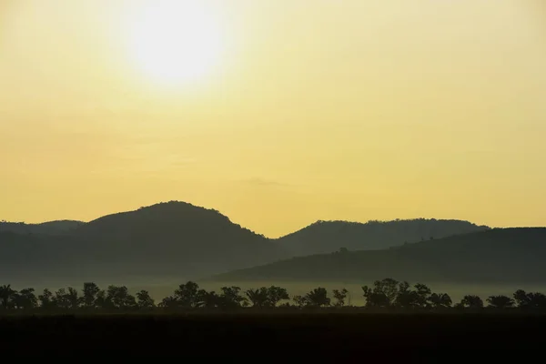 Bild Einer Untergehenden Sonne Hinter Einem Dichten Waldgebiet Gefolgt Von — Stockfoto