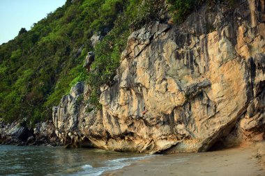 yemyeşil kayalıklar ve deniz dalgaları.