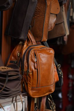 Set of leather handbags in the store