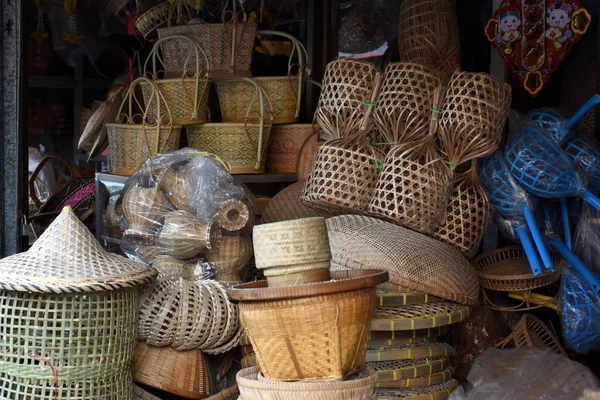 Cesta Mimbre Tailandés Hecho Mano Tejido Bambú Textura Fondo Diseño —  Fotos de Stock