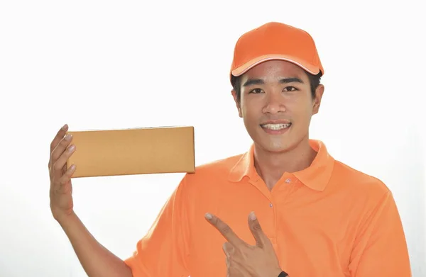 Mensageiro Masculino Chapéu Com Uma Caixa — Fotografia de Stock