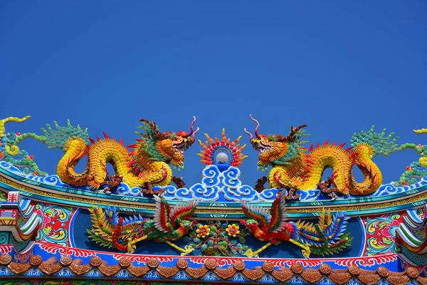 Chinese art shrine in Thailand. Chinese dragon statues on roof. Chinese decoration