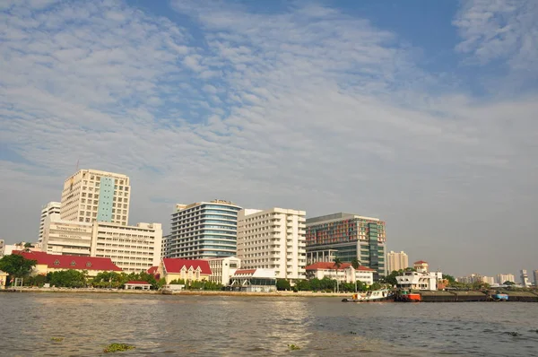 Paisaje Urbano Con Puerto Río Amarillo Edificios Fondo Tailandia —  Fotos de Stock