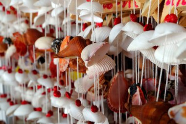 Deniz kabuklarından yapılmış dekoratif perdeler