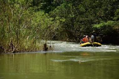 Tayland - 6 Ekim 2019: Bir grup turist yeşil ormanda nehirde kayak yapıyor. 