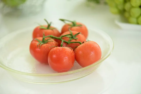 Nahaufnahme Von Reifen Frischen Tomaten Auf Dem Teller — Stockfoto