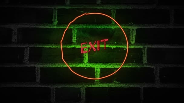 Flickering Blinking Red Neon Sign Exit Brick Wall Background — Stock Video