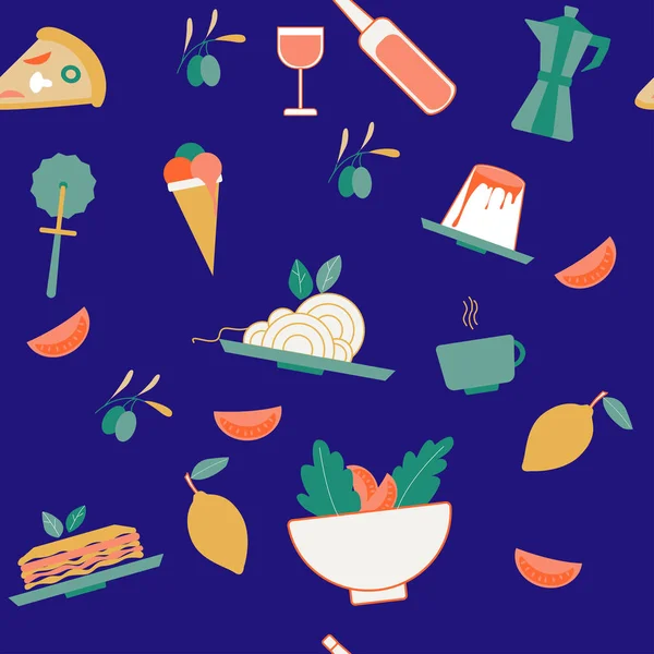 Seamless vector pattern with italian food, drinks and utensils on dark blue background; spaghetti, panna cotta, olives, gelato, coffee, wine, lasagna, lemon