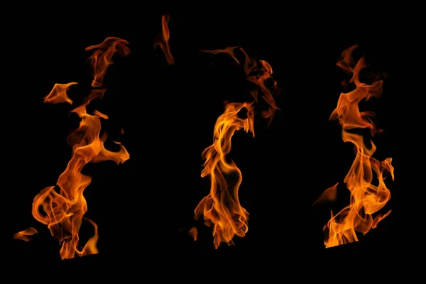 Grafik tasarımı için yanan alev koleksiyonu siyah arkaplanda ayarlandı.