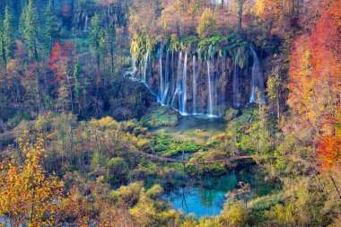 Plitvice Gölleri. Görüntü Plitvice Milli Parkı, Hırvatistan'da sonbahar gün boyunca bulunan şelale.