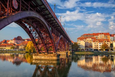 Maribor, Slovenya. Maribor, Slovenya Drava Nehri'nin şehirde yansıması ile Cityscape görüntü sonbahar günü sırasında.