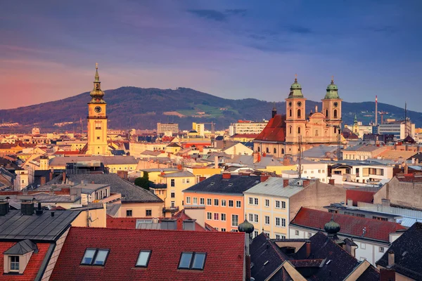 Linz Áustria Imagem Aérea Paisagem Urbana Linz Áustria Durante Pôr — Fotografia de Stock