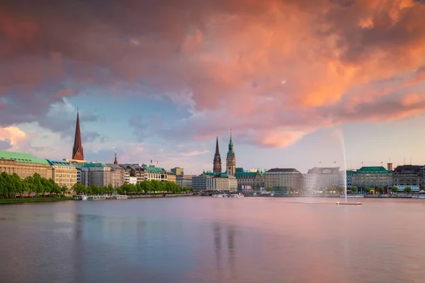 Hamburg Tyskland Stadsbild Bild Hamburgs Skyline Vacker Solnedgång — Stockfoto