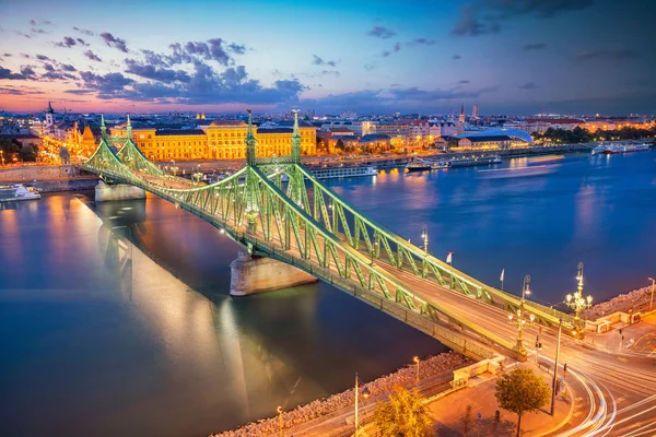 Budapeszt Węgry Zdjęcie Lotnicze Pejzaż Panoramę Budapesztu Liberty Bridge Dunaju — Zdjęcie stockowe