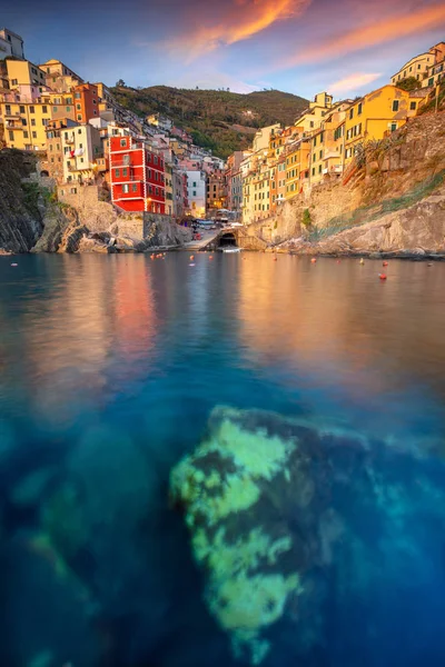 Riomaggiore Italie Image Paysage Urbain Riomaggiore Cinque Terre Italie Coucher — Photo