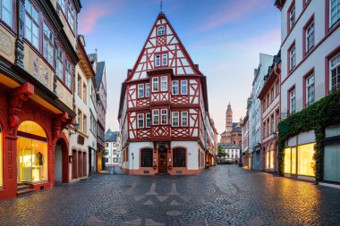 Mainz, Almanya. Mainz 'in yaz gündoğumu sırasındaki eski şehir manzarası.