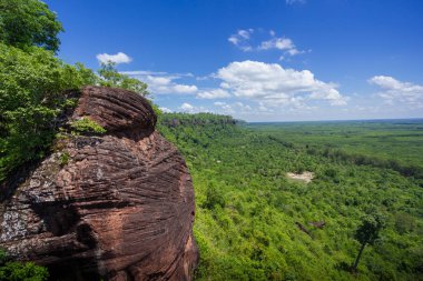 Arka planda, Phu şarkı, Bueng Kan, Tayland jungle ve mavi gökyüzü ile kumtaşı uçurumdan güzel sahne