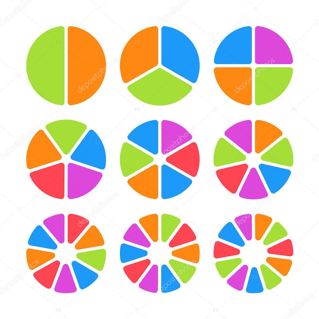 Set of colored pie charts. Templates sectoral graphs in flat style. Colorful elements for infographics. Vector