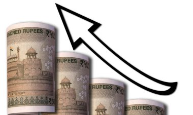 Bir para gibi artan bir grafik ile bir yukarı bakarak ekonomik ilişkiler simgeleyen ok işaret.