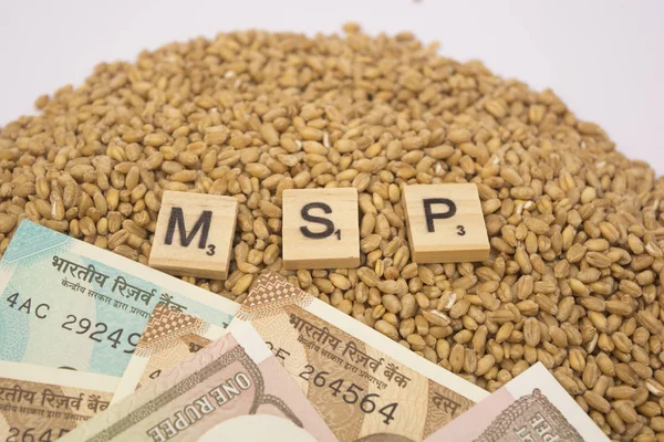 Maski, Karnataka, Indie - stycznia 19,2019: koncepcja Msp lub minimalnej ceny wsparcia drewniana blokuje na kupie wheet ziarna z indyjskiej waluty. — Zdjęcie stockowe