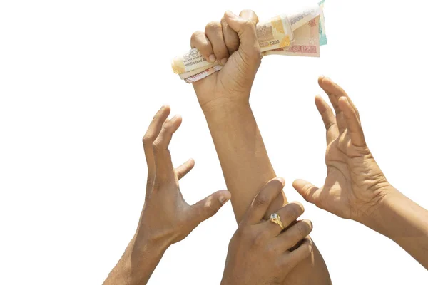 Koncept som visar på girighet för pengar, händer försöker ta pengar från en annan perosn händer. — Stockfoto