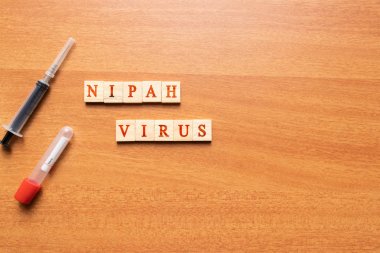 Nipah Virüs şırınga ve vacutainer kan toplama tüp ile ahşap dokulu arka plan