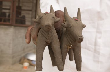 Kuzey Karnataka Muson başında festival sırasında yapılan çamur kil ile yapılan Bullocks,.