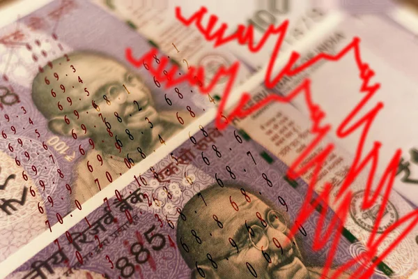 Concept of Economic slowdown showing with Indian currency notes, graphes and numbers — Stock Photo, Image