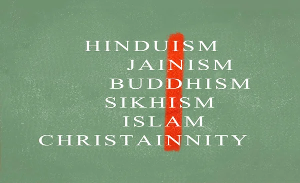 Concept of Unity in diversity of India showing with different religions on green chalkboard