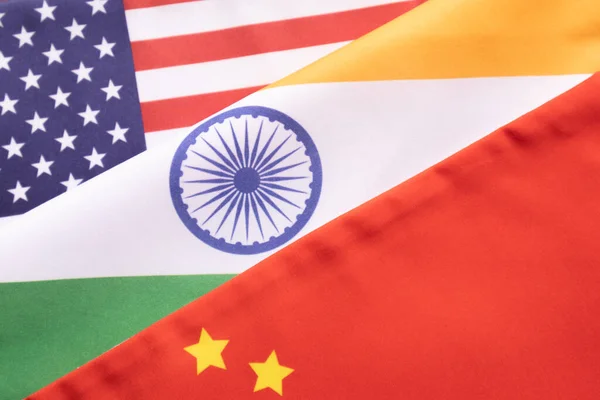 Concept of India, USA, and China relations showing with flags. — Stock Photo, Image