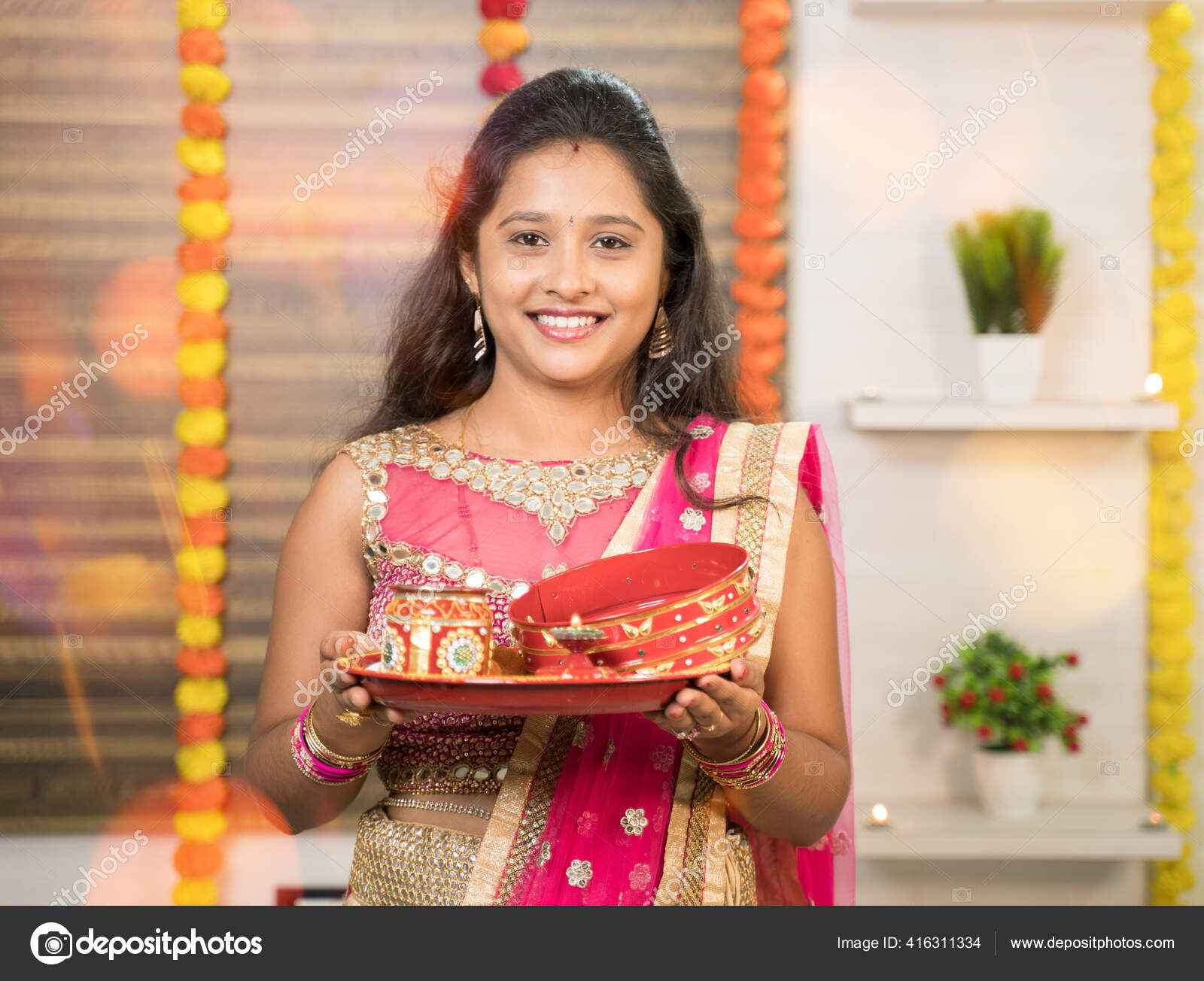 Portrit Shot Indian Married Woman Traditional Dress Holding Karva