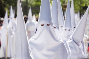 SEVILLE, SPAIN - April 14, 2019: Procession of Holy Week in Seville. Palm Sunday Morning. Procession of the Sacramental Brotherhood of Our Father Jesus of Victory and Most Holy Mary of Peace 'La Paz'