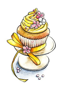 Eller iştah açıcı puf kek süsleme ve yay beyaz zemin üzerinde bir tabakta boyalı