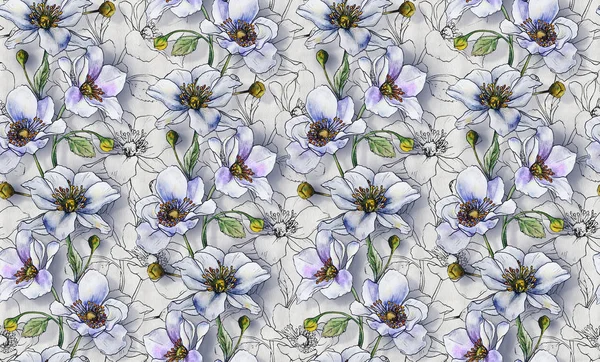 Seamless pattern, light flowers on a light background, wallpaper pattern or for fabric making, textile design. Design for interior.