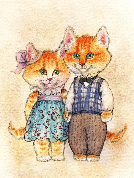 Pair Red Fluffy Kittens Pink Shushes Green Eyes Stand Clothes — Stock Photo, Image