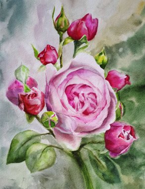 Yeşil yaz yeşillik, bir arka plan üzerinde güzel pembe gülü ile suluboya el boyalı