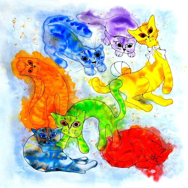 Gatos Divertidos Multicolores Boceto Tinta Fondo Blanco Chal Patrón Diseño — Foto de Stock