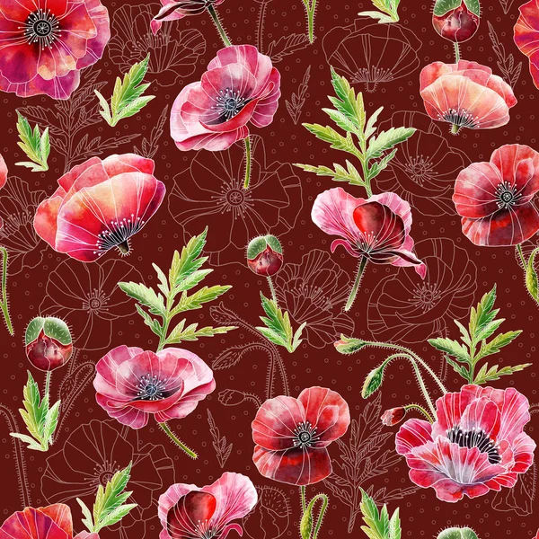 Diseño Patrón Sin Costuras Que Consiste Flores Amapola Dibujadas Mano —  Fotos de Stock